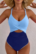 Laila Cutout One Piece Swimsuit in light-blue and navy-blue with ric rac trim and side cutouts