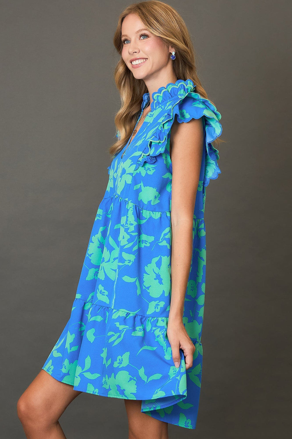 Blue Two-Tone Floral Print Ruffle Cap Sleeve Mini Dress