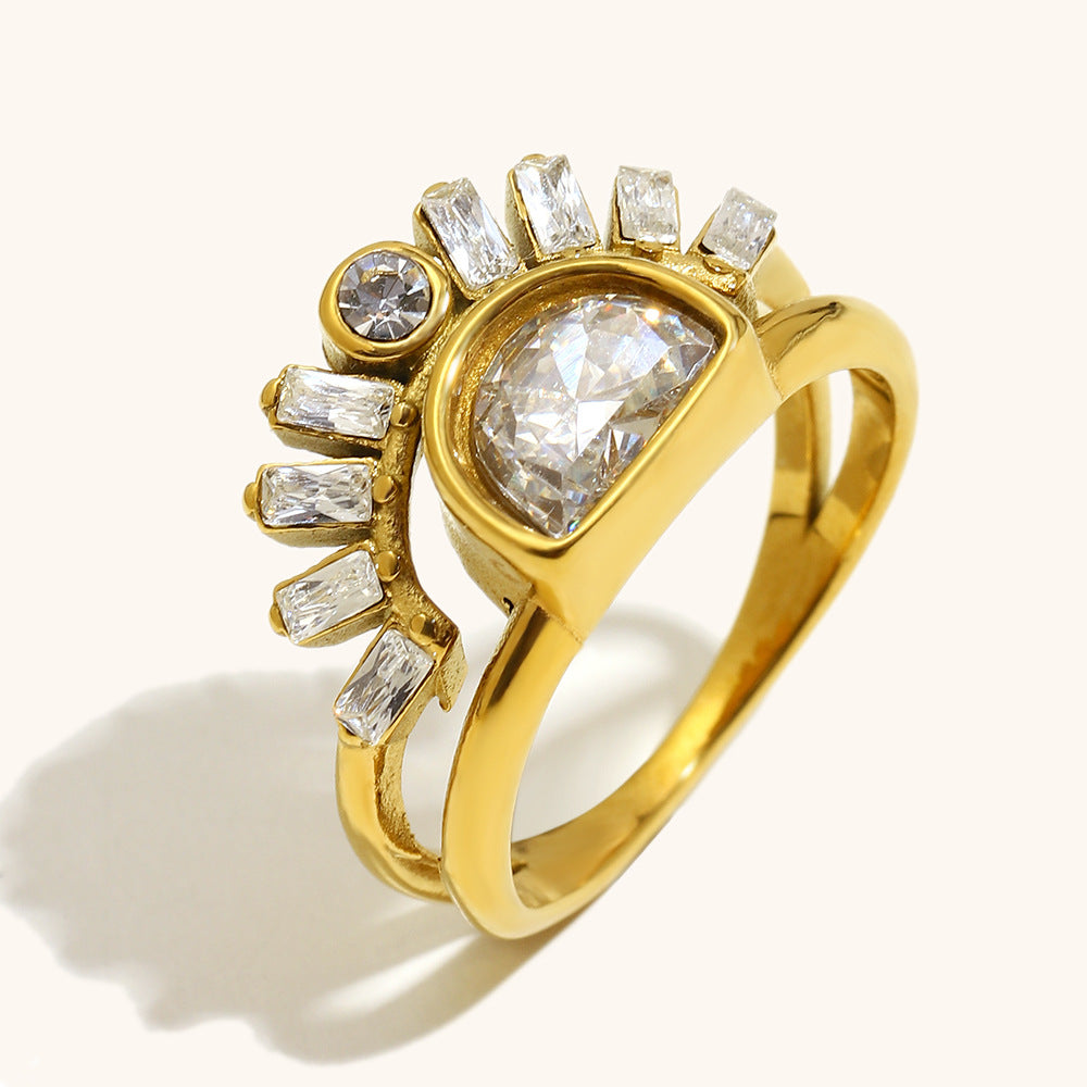 Sun-inspired gold double-layer geometric stainless steel ring