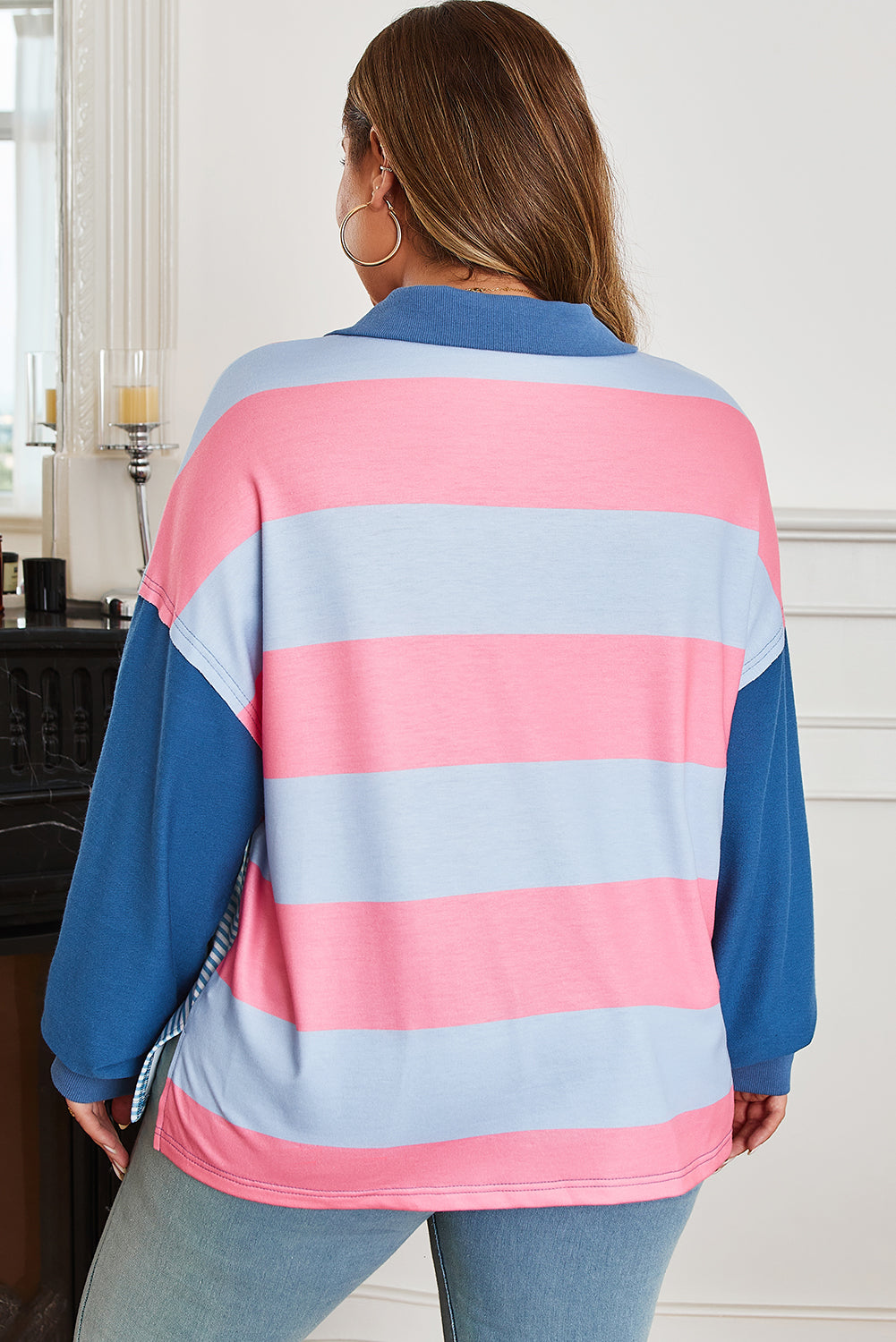 Plus Size Stripe Colorblock Patchwork Half-Zip Top