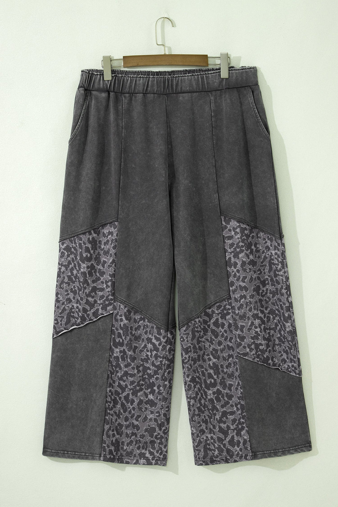Leopard Patchwork Wide Leg Pants in Charcoal Mineral Wash