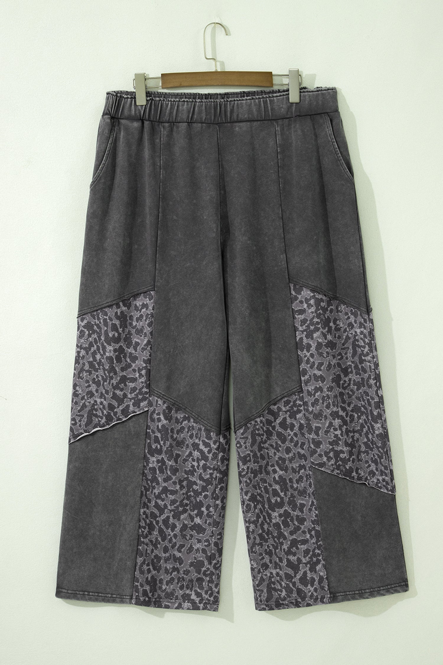 Leopard Patchwork Wide Leg Pants in Charcoal Mineral Wash