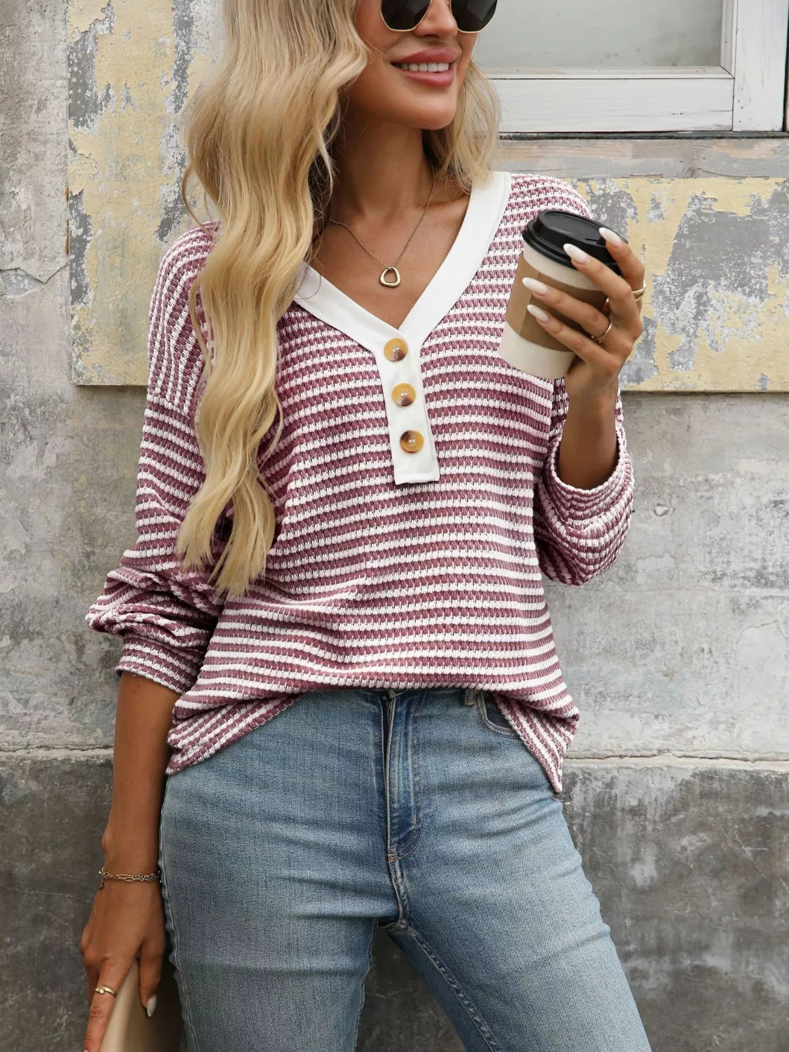 Striped Button Detail Long Sleeve T-Shirt | Viscose Blend