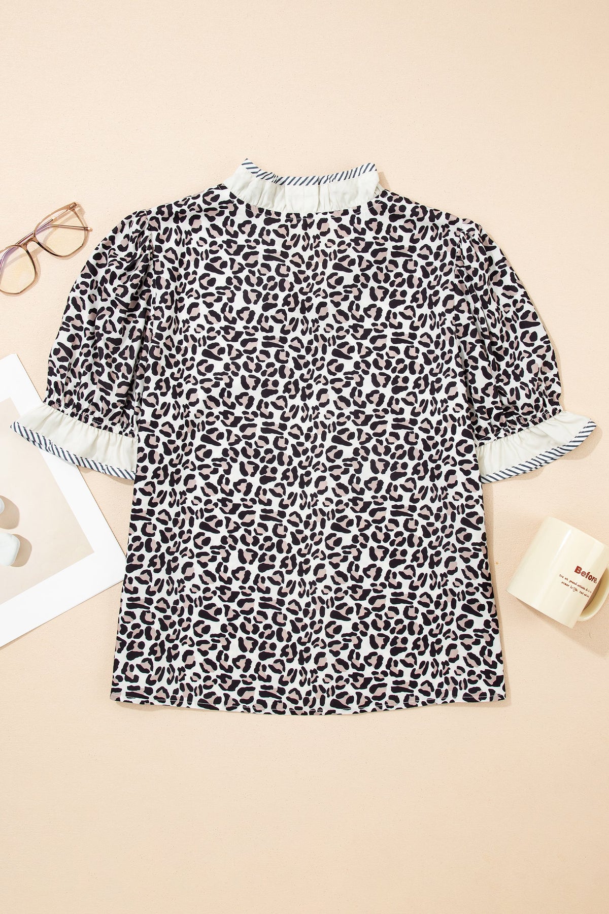 Leopard Colorblock Stripe V-Neck Short Sleeve Blouse