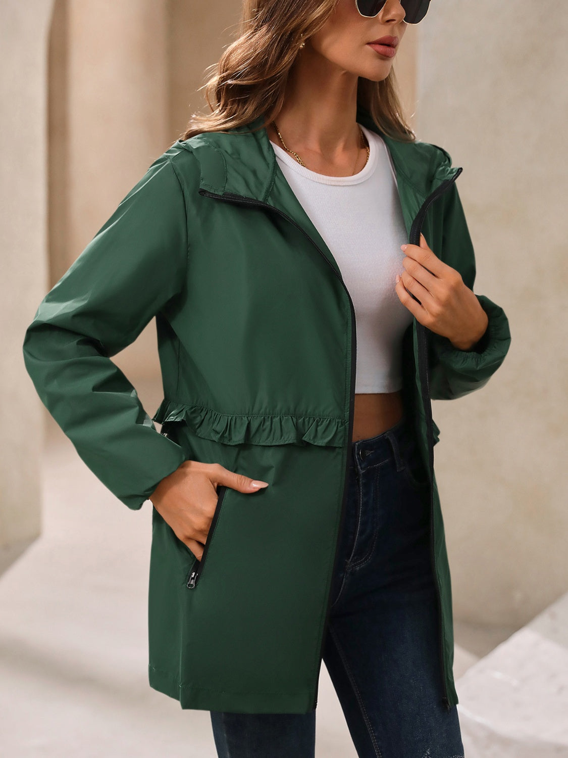 Women's Waterproof Hooded Windbreaker Jacket with Waist Detail - Image 15