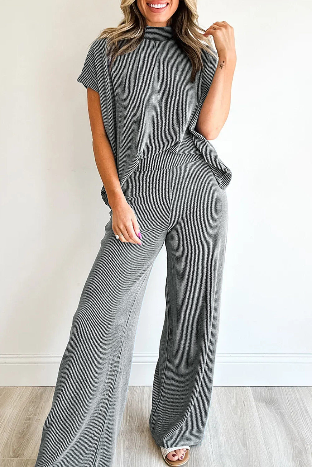 Dark Grey Twisted Ribbed High Neck Tee & Wide Leg Pant Set