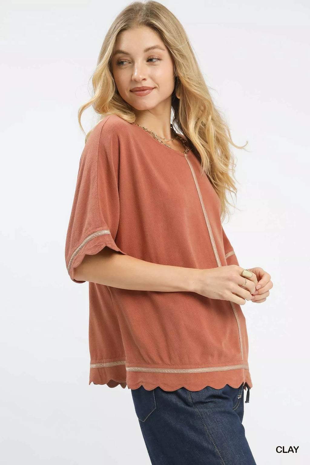Clay Linen Blend Scallop Trim Top