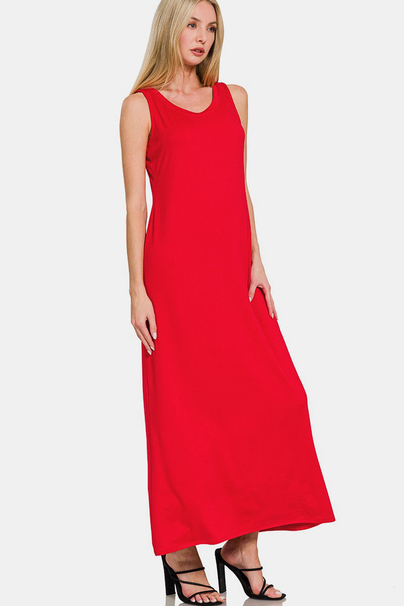 Simple red scoop neck wide strap tank dress in knit fabric