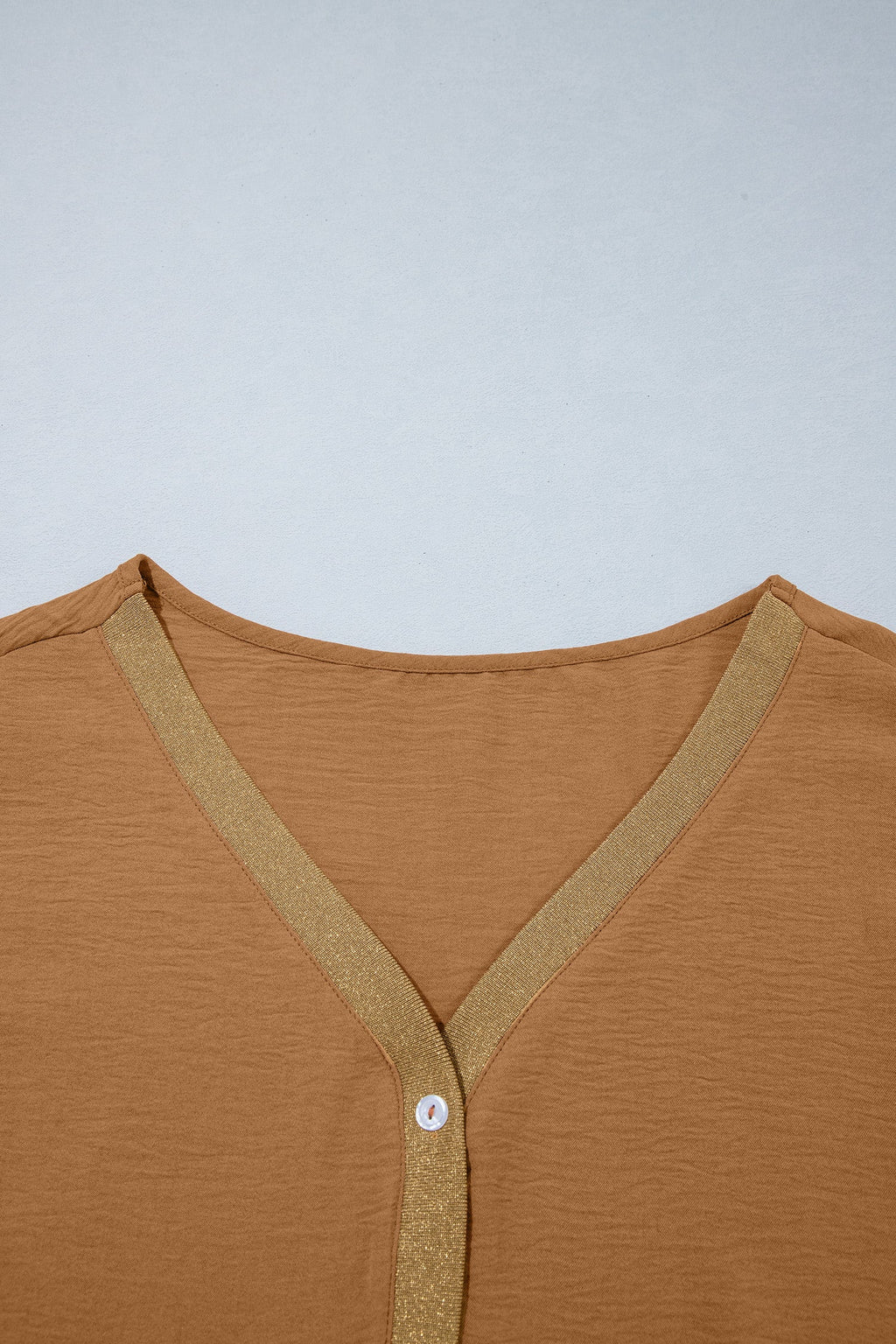 Metallic Trim 3/4 Sleeve Buttoned V-Neck Blouse