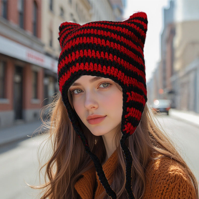 Women's Hand Knitted Striped Cat Beanie Hat