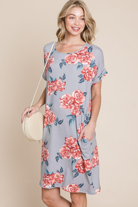 Floral Print Short Sleeve T-Shirt Dress with Pockets for Women