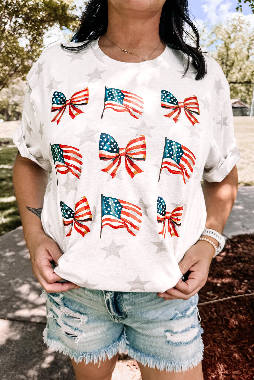Khaki Patriotic Flag Bow Graphic Starry Round Neck T-Shirt
