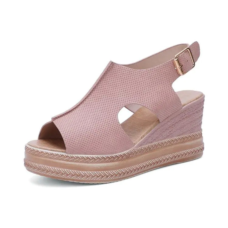 Women's Pink Peep Toe Wedge Sandals Platform Buckle Summer Shoes - Image 26