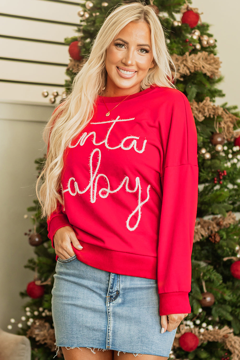 Women's Red Santa Baby Graphic Sweatshirt Festive Holiday Top - Image 5
