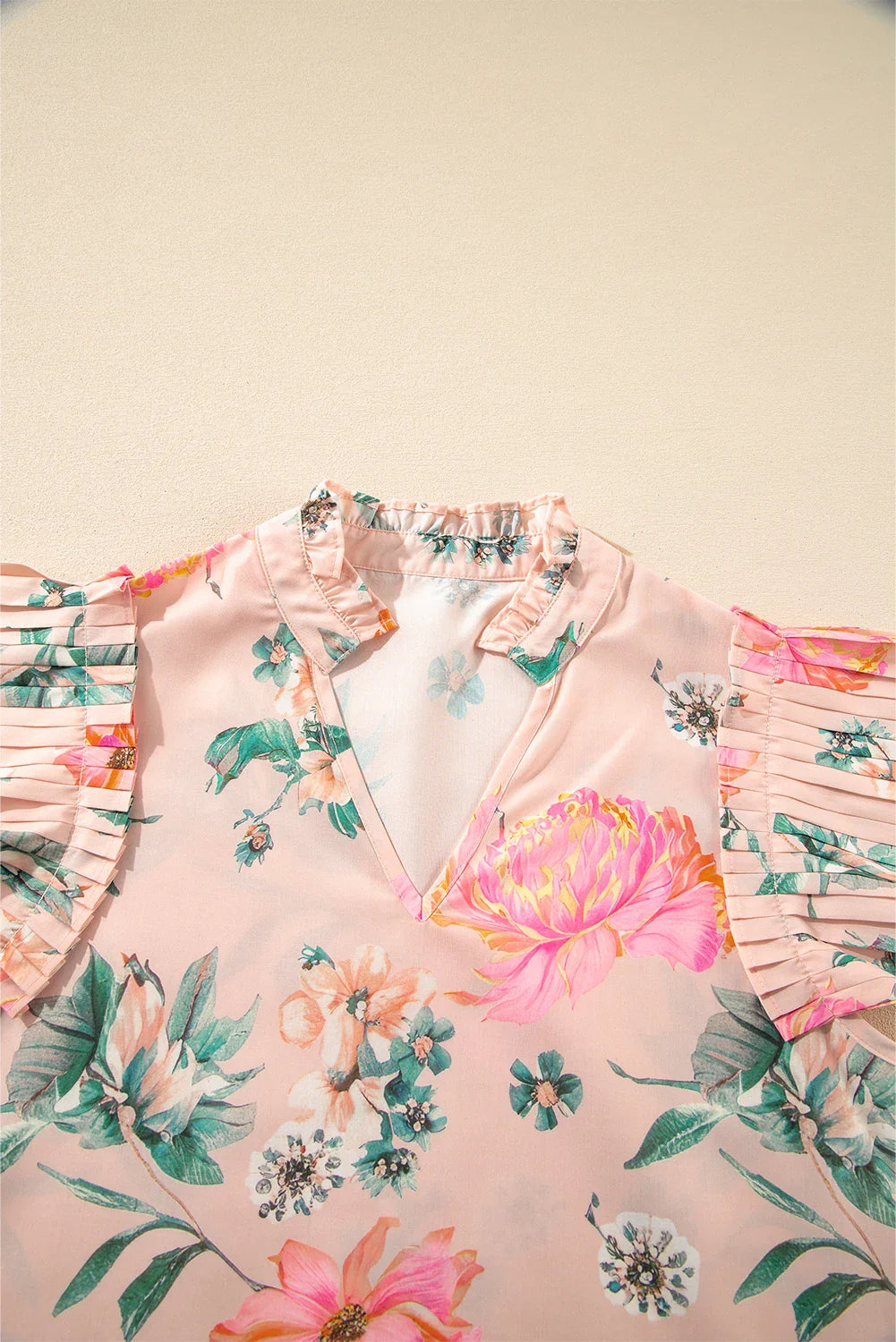 Floral Frilled V-Neck Blouse in Pink