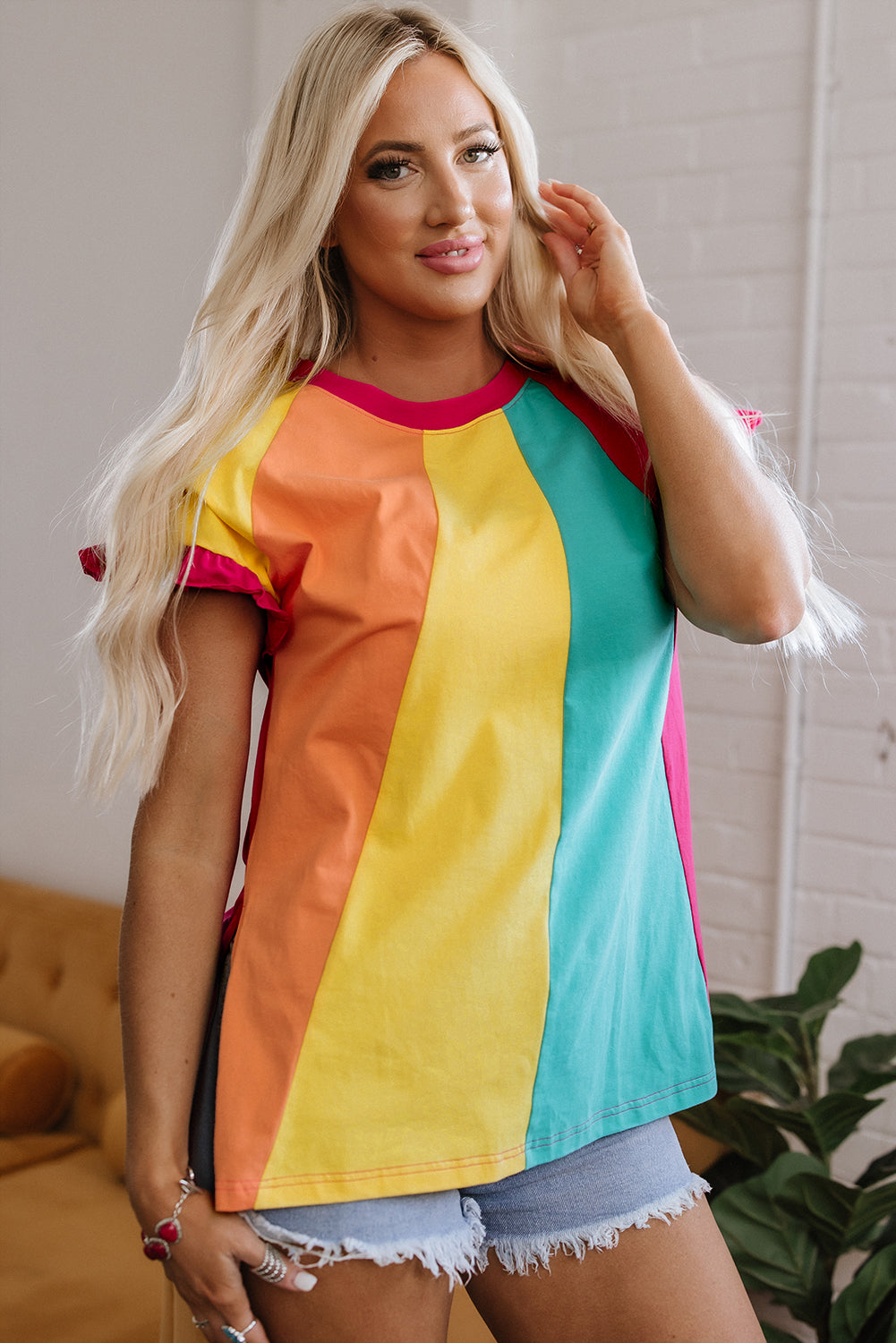 Rose Red Color Block Ruffled Crew Neck Loose Fit T-Shirt