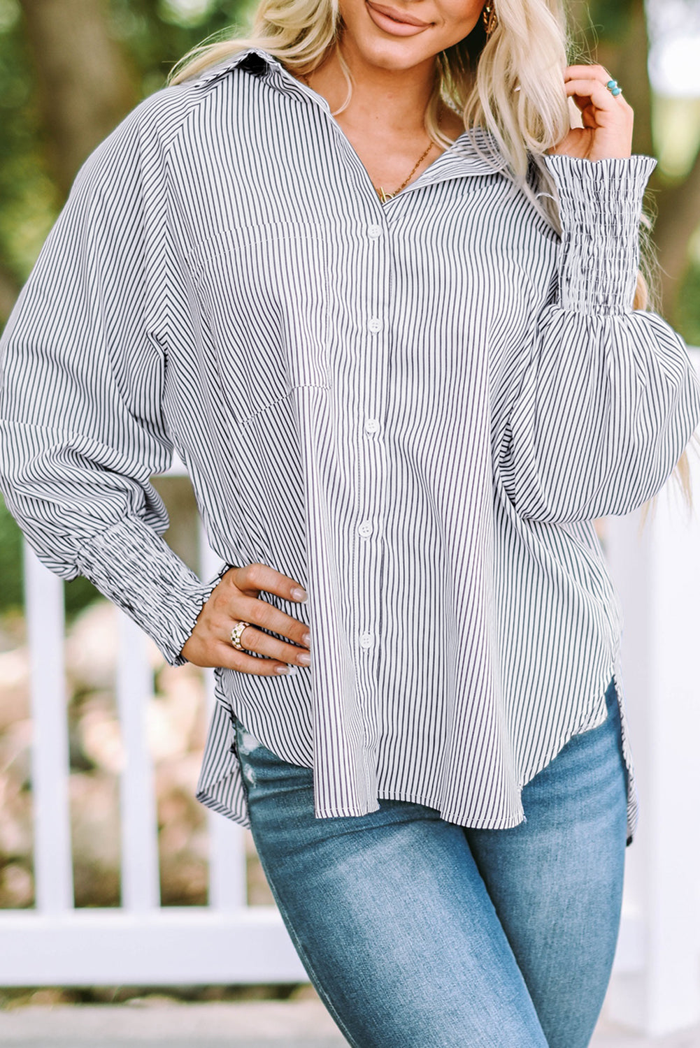 Stripe Smocked Long Sleeve Button-Up Shirt