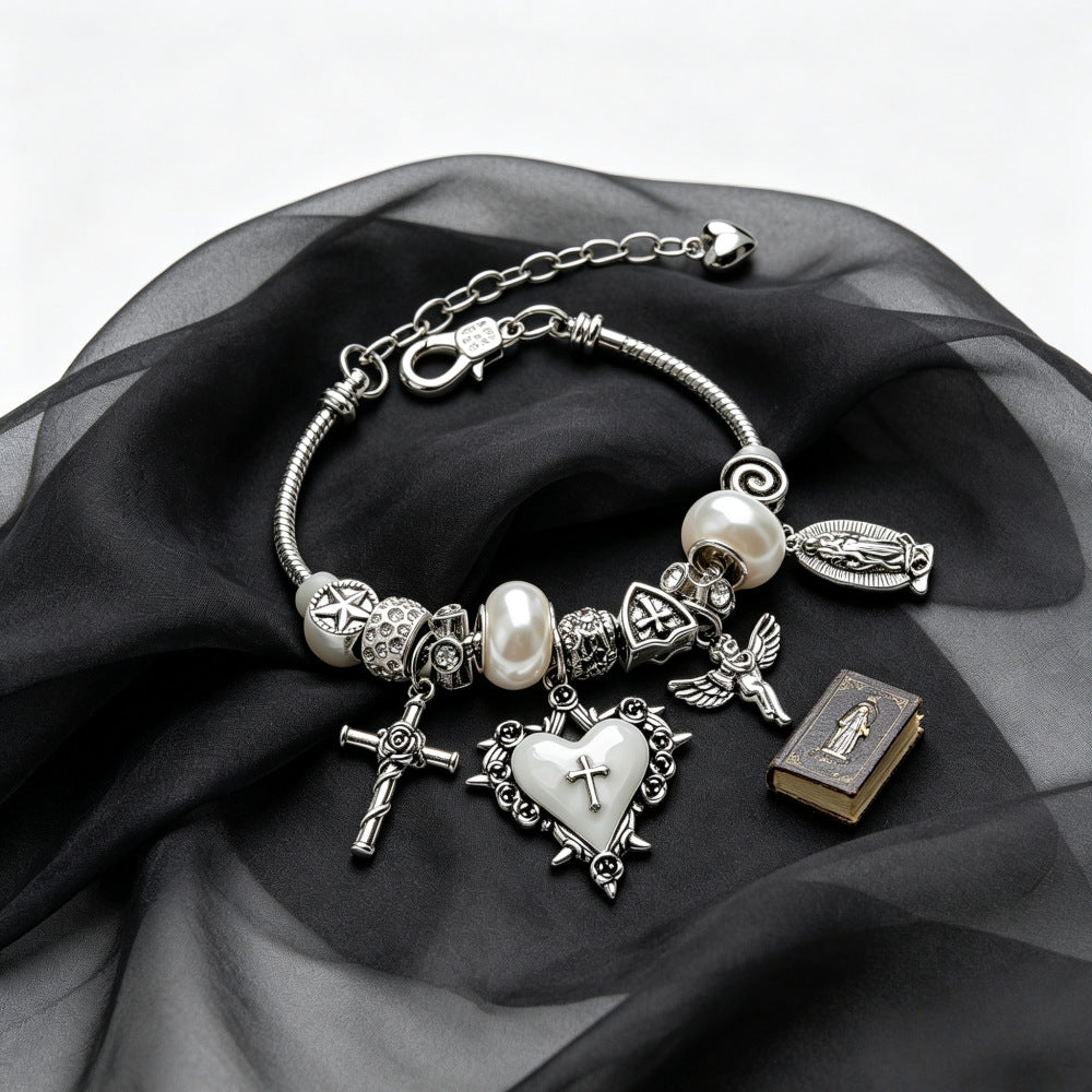 Retro Silver-White Heart And Cross Bracelet