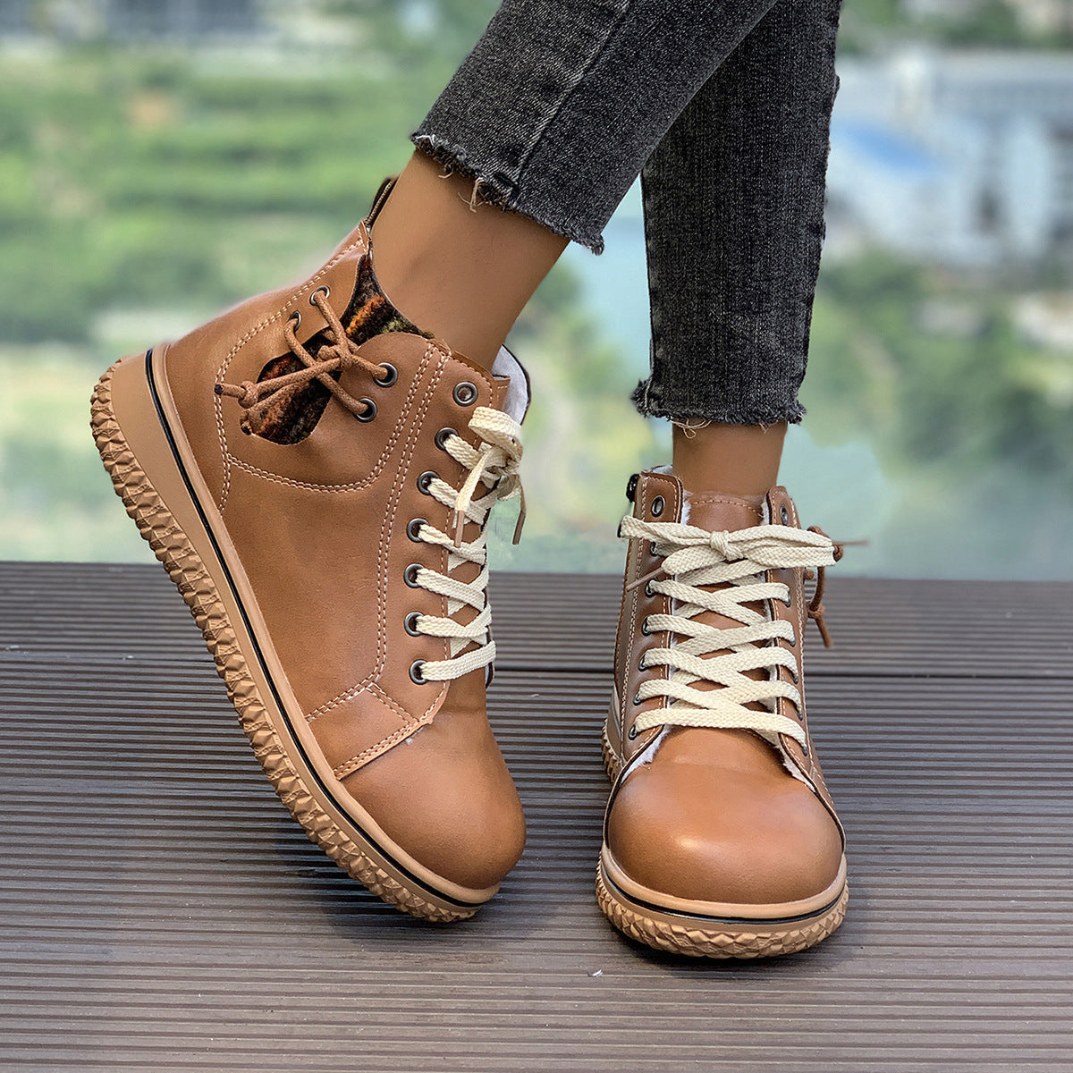 Women’s Flat Heel Lace-Up Martin Boots with Side Zipper - Image 2