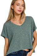 Zenana Hacci Slub V-neck Drop Shoulder Crop Top