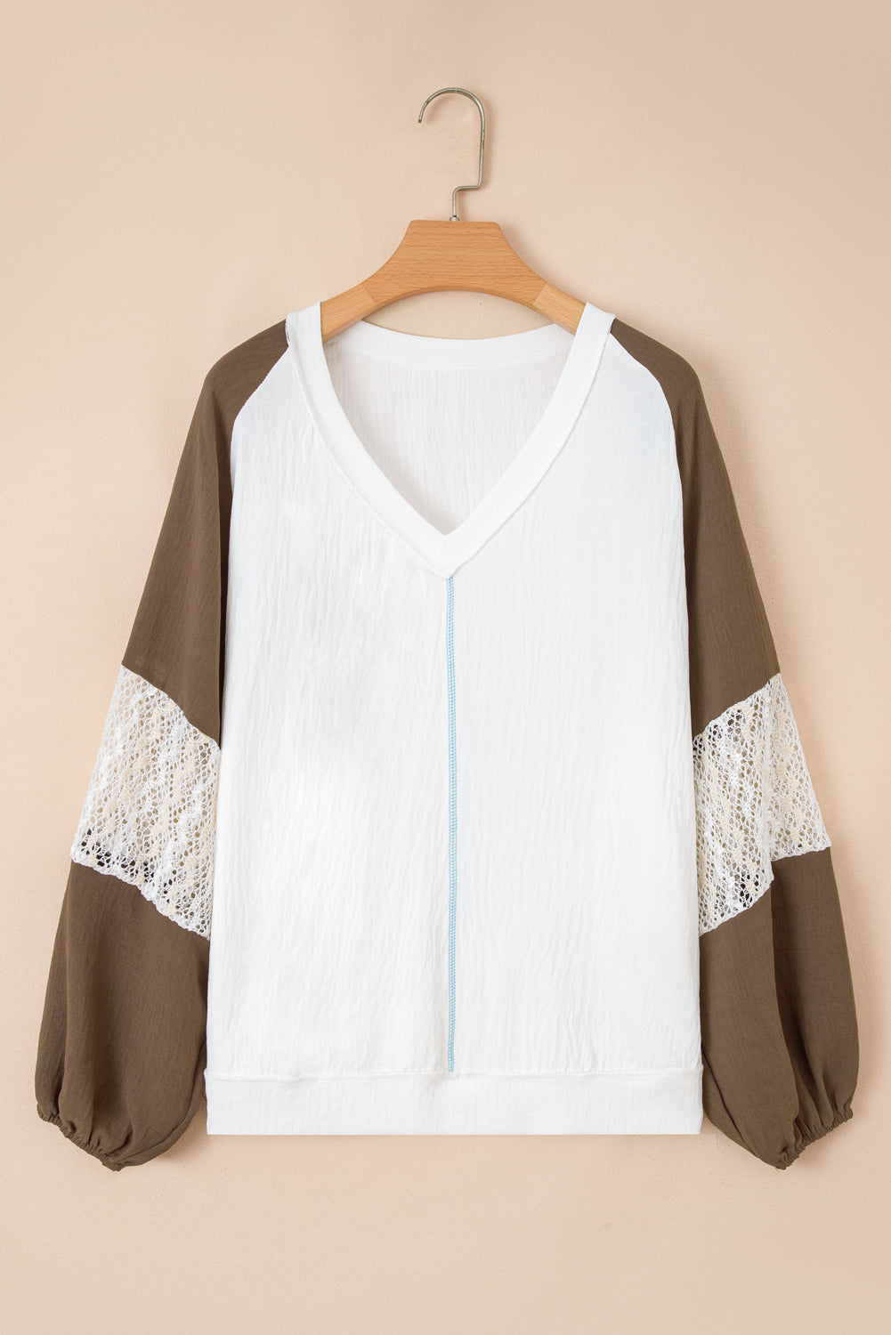 Plus Size Colorblock Lace Patchwork Balloon Sleeve Top