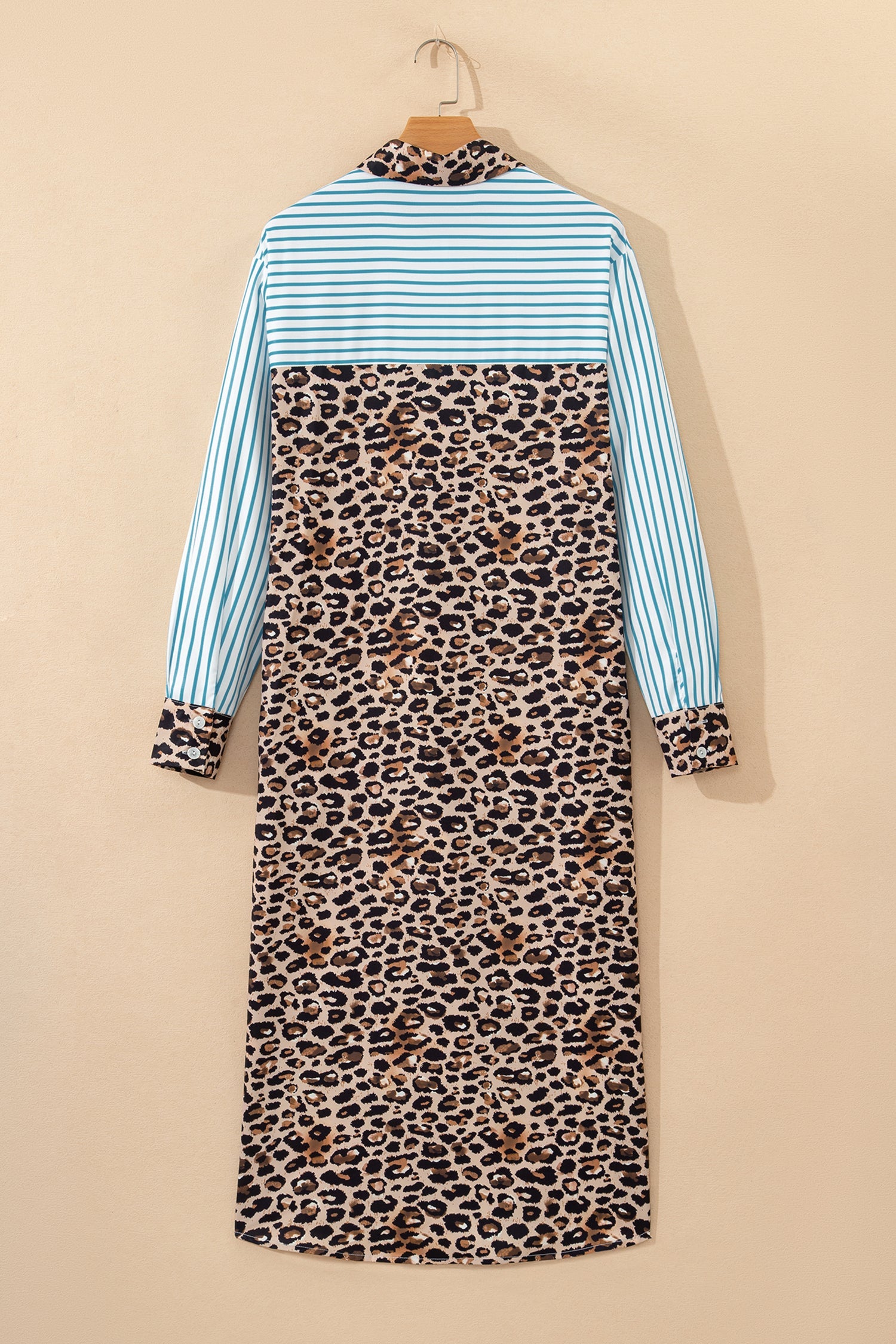 Leopard Patchwork Stripe Shirt Dress with Slits