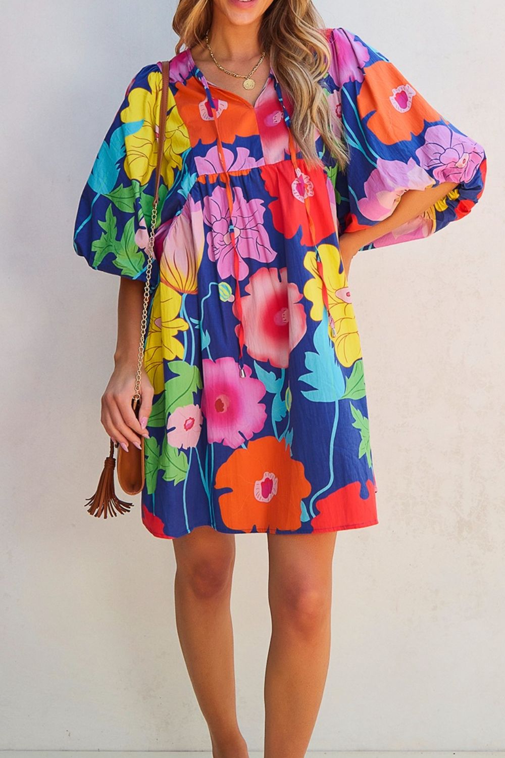 Floral Print Tie-Neck Dress - Elegant Lightweight Midi Dress