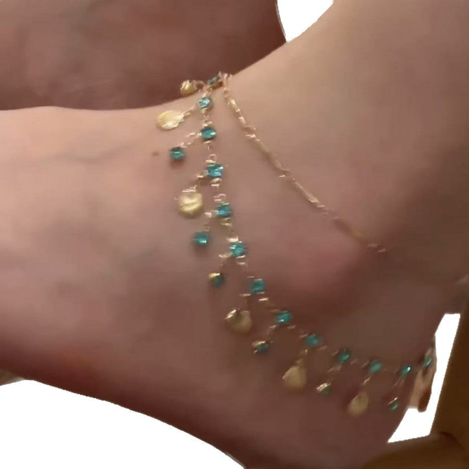 Double-Layer Shell Tassel Anklet with Rhinestone Accents