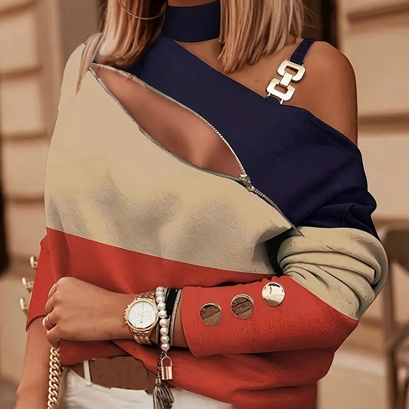 Women's Color-Block Cold-Shoulder Zip-Front Blouse