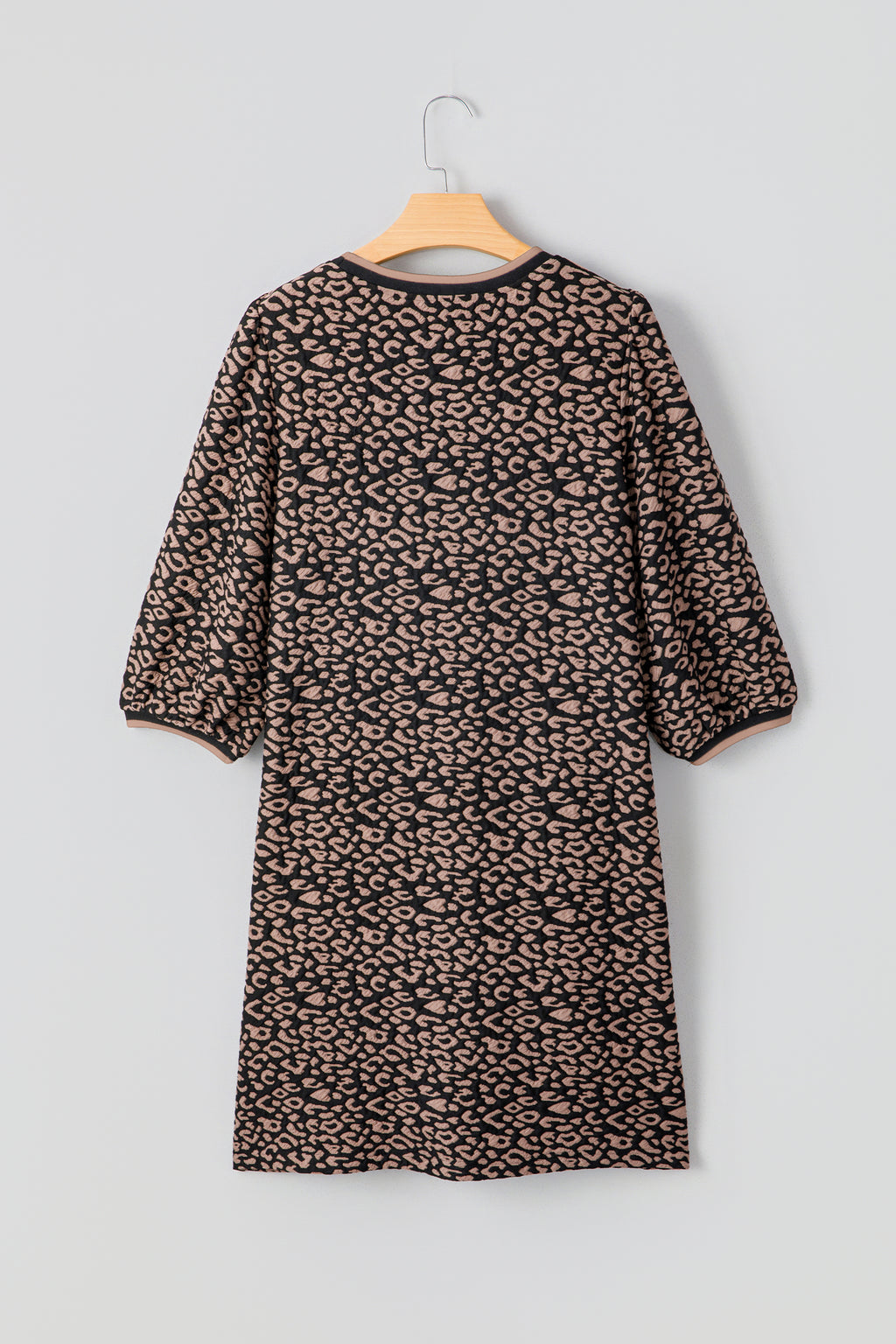 Leopard print dress on a hanger against a light gray background
