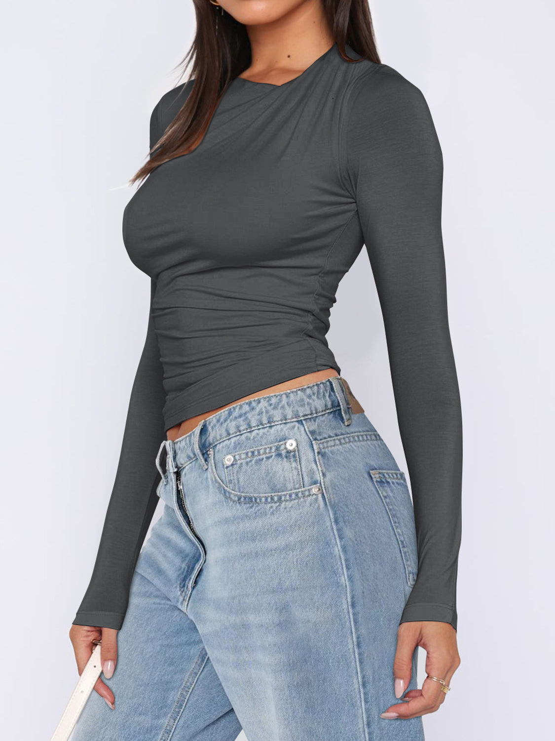Ruched Asymmetrical Neck Long Sleeve T-Shirt in Slim Fit - Image 13