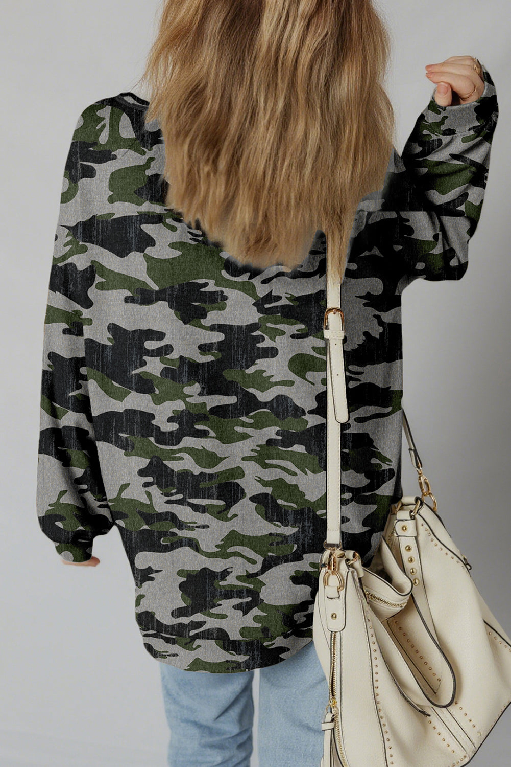 Women's Camo Print Drop Shoulder Sweatshirt with Uneven Hem - Image 2