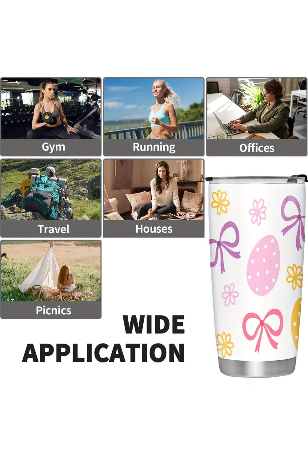 White Easter Egg Bow Flower Printed Insulated Stainless Steel Thermal Cup