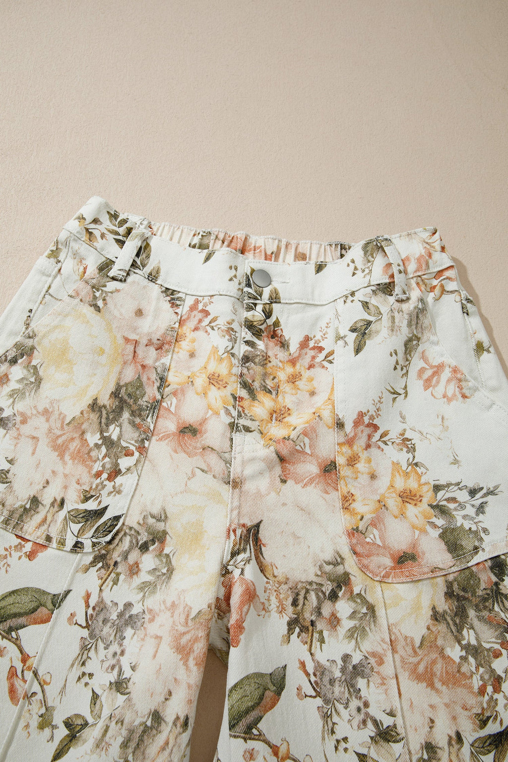 Floral High Waist Wide Leg Denim Jeans in Off-White and Multicolor