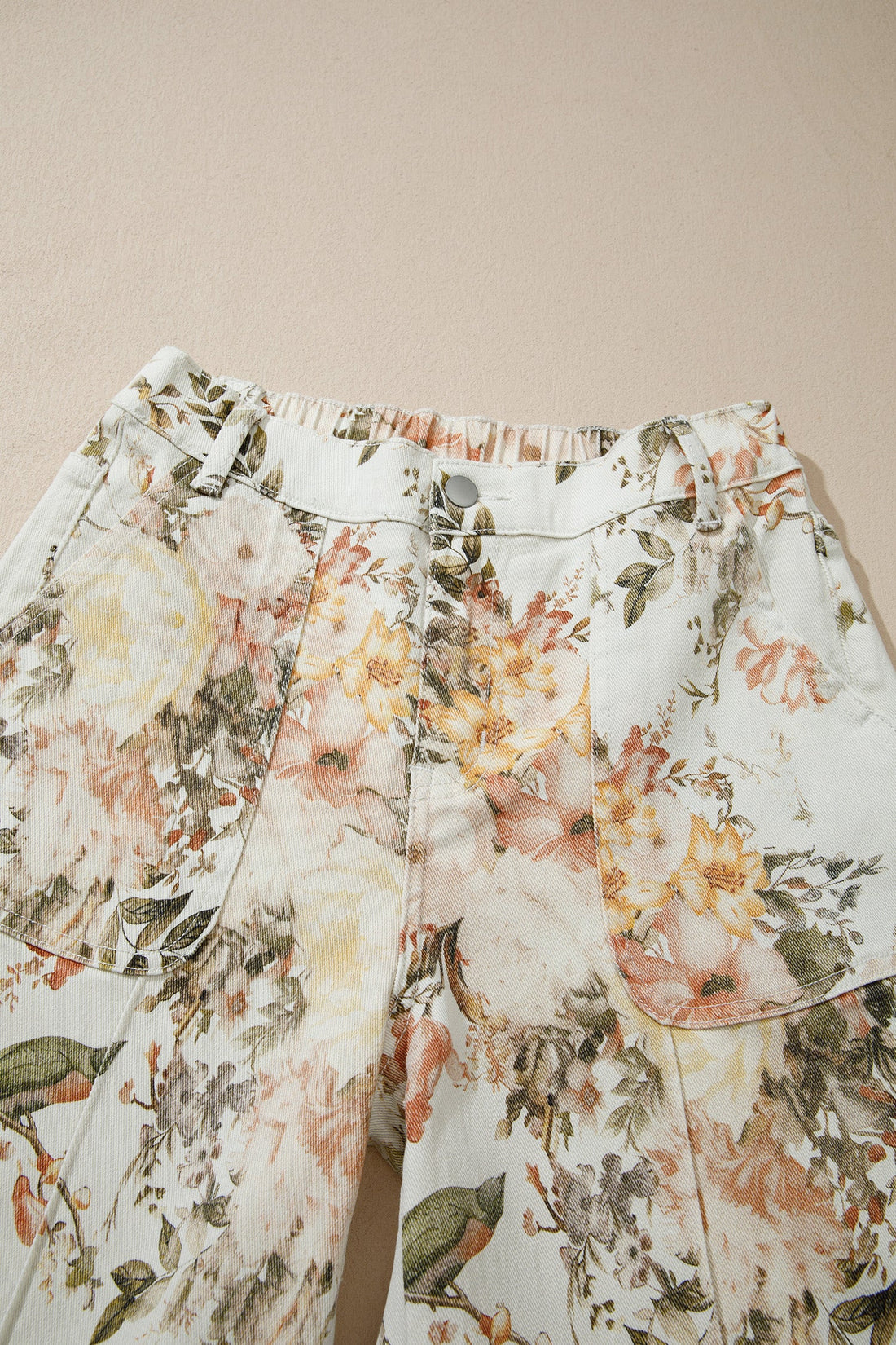 Floral High Waist Wide Leg Denim Jeans in Off-White and Multicolor