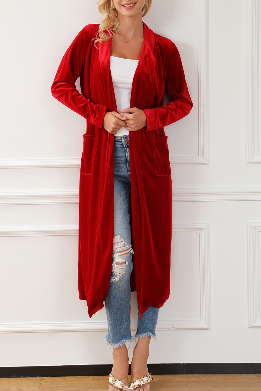 Velvet Open-Front Pocketed Cardigan