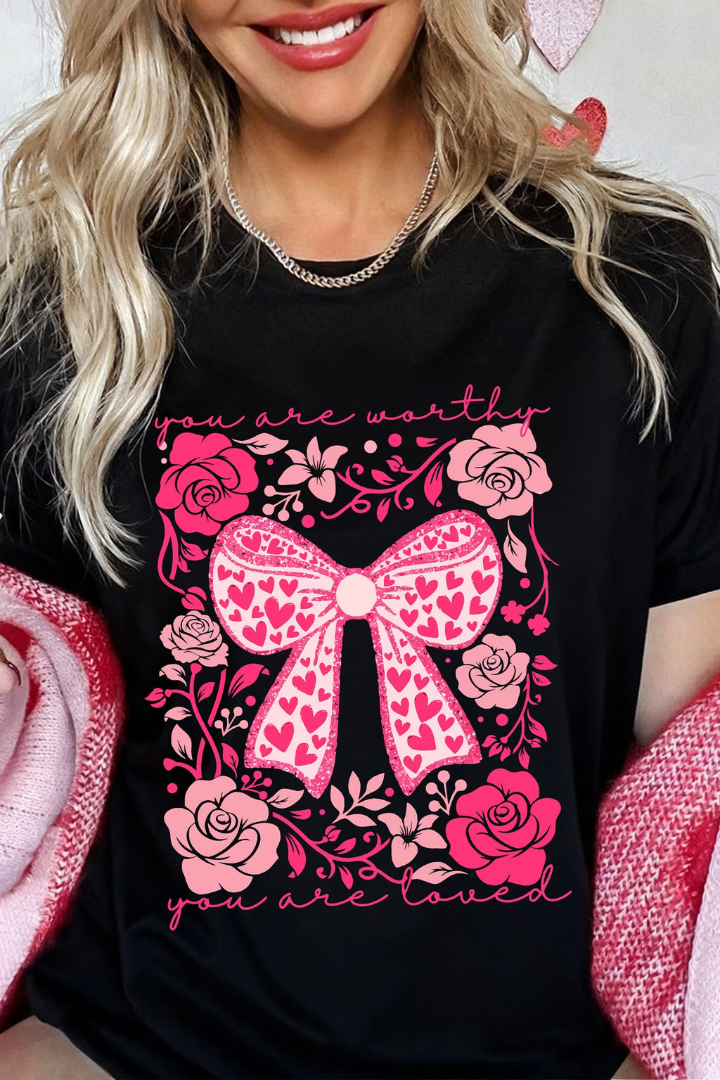 Black Floral Bow Valentine's Day Graphic T-Shirt