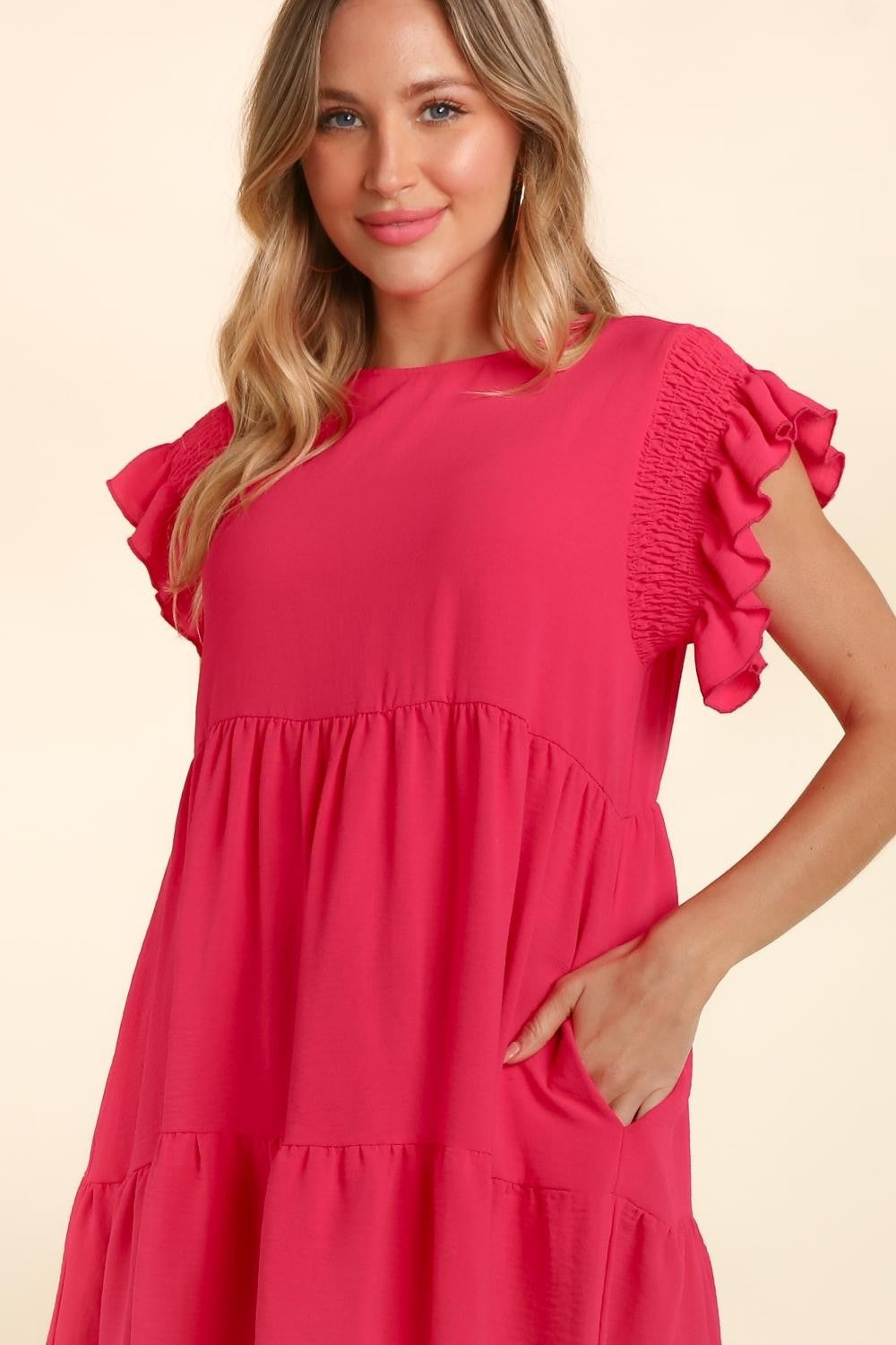Smocked Ruffle Short Sleeve Dress with Pockets in Hot Pink