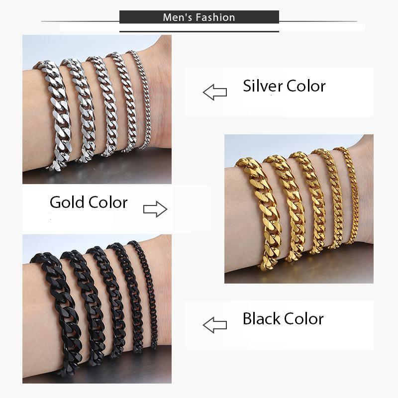Unisex Modern Cuban Link Chain Bracelet in Silver Gold and Black