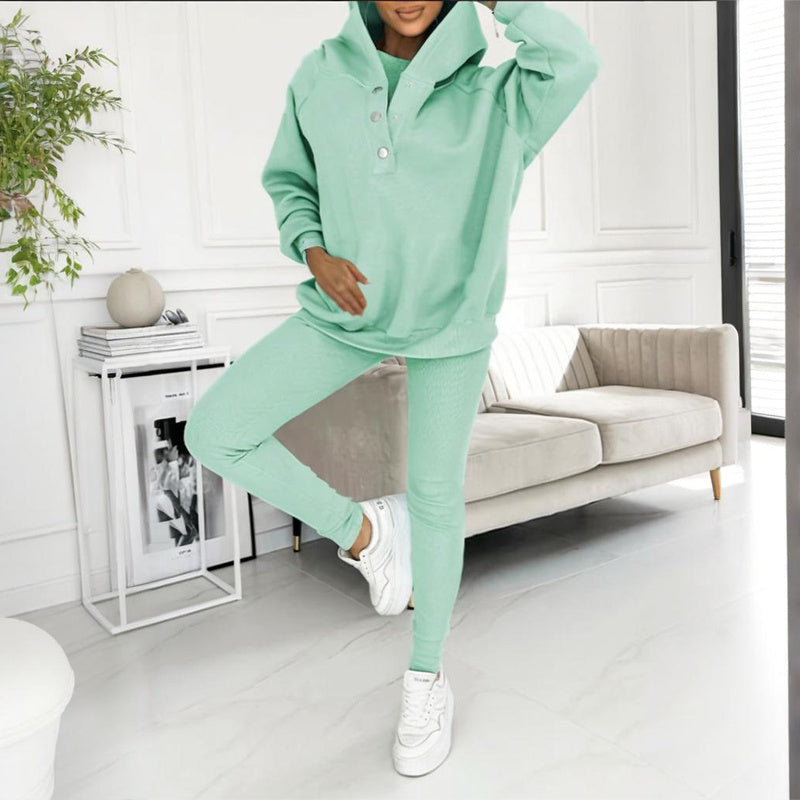 Women Solid Color Three Piece Set Hooded Sweatshirt Vest Pants - Image 7