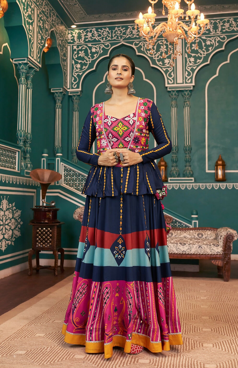 Multi-Color Poly Maska Silk Navratri Lehenga Choli Party Dress