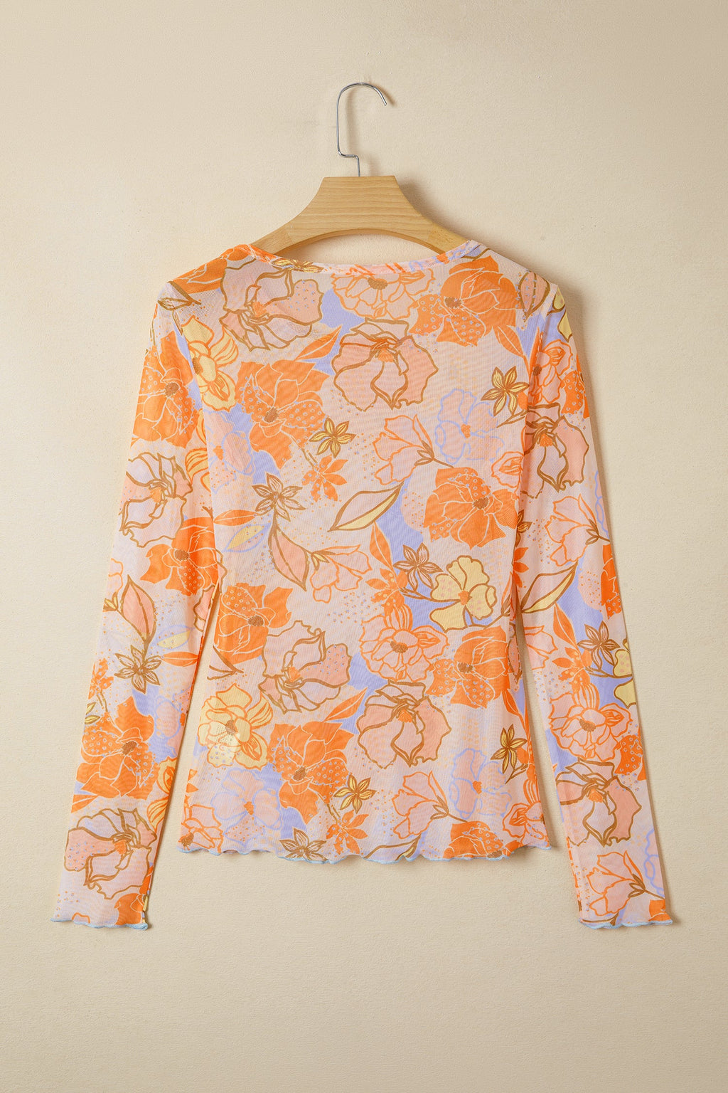 Floral Slim Fit Long Sleeve Top with Lettuce Trim