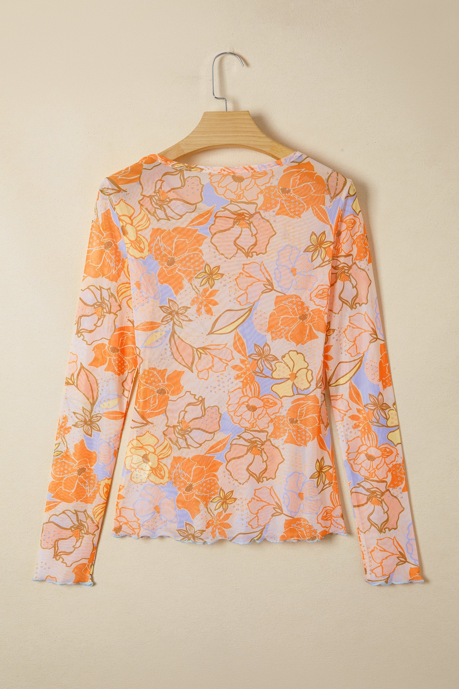 Floral Slim Fit Long Sleeve Top with Lettuce Trim