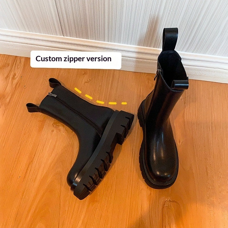 Women’s British-Style Mid-Calf Thick-Soled Leather Boots