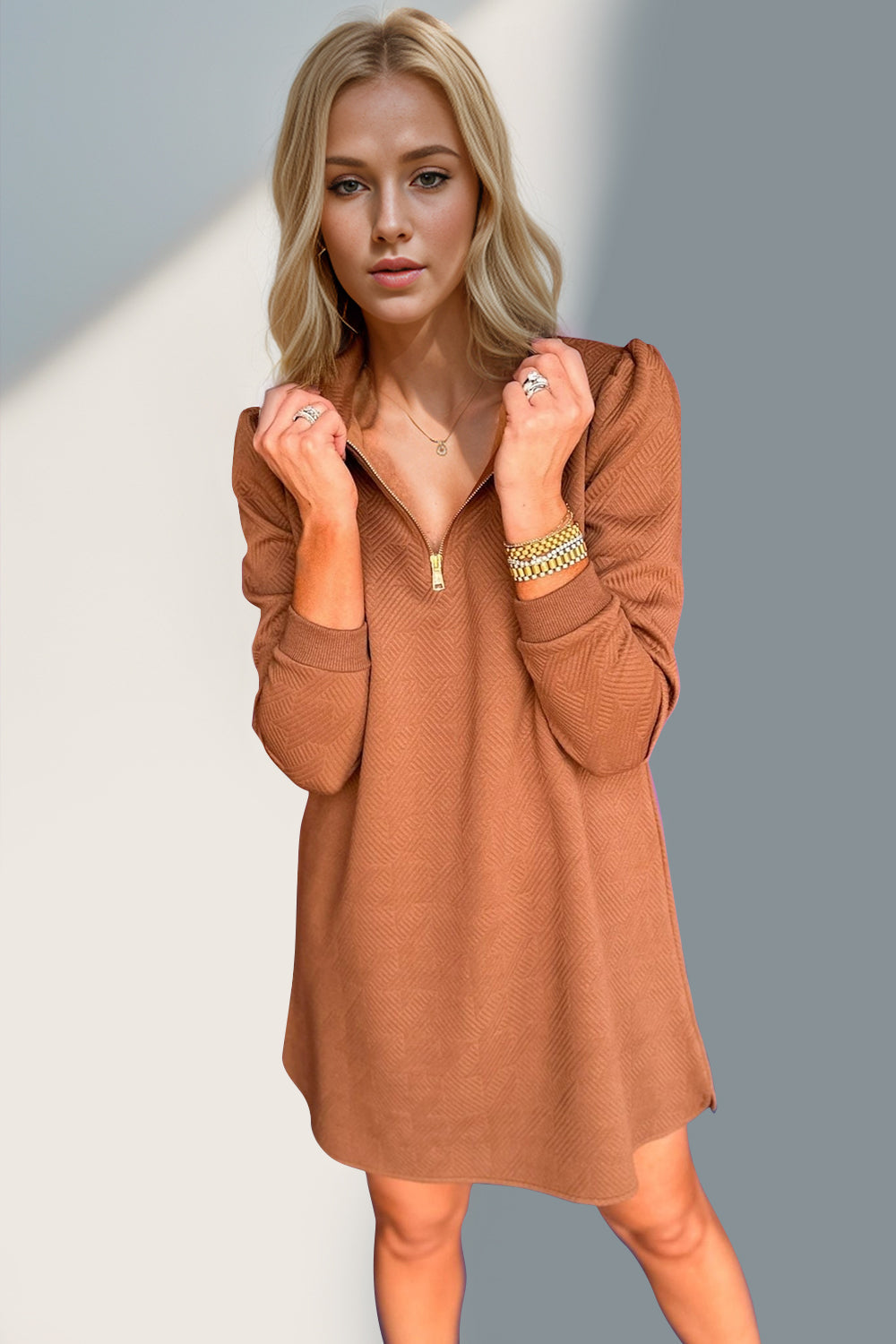 Textured Zip-Front Long Sleeve Dress - Elegant Women's Apparel