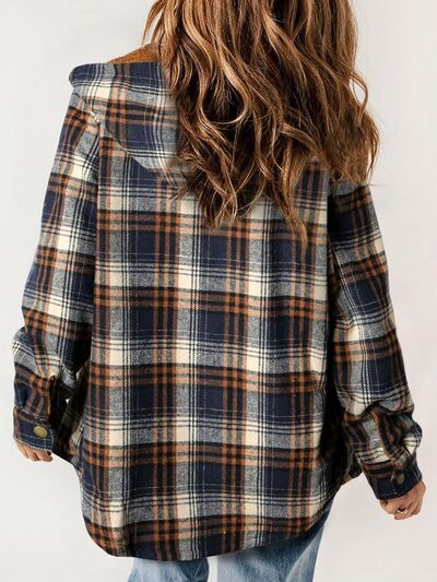 Plush Plaid Snap Down Hooded Jacket Cozy Warm Casual Outerwear