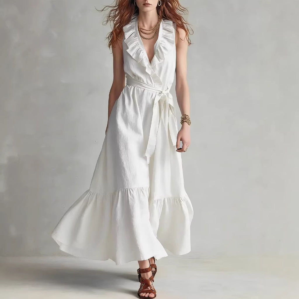 Women's Ruffled V-Neck Maxi Dress with Tie-Waist and Flare Hem - Image 4