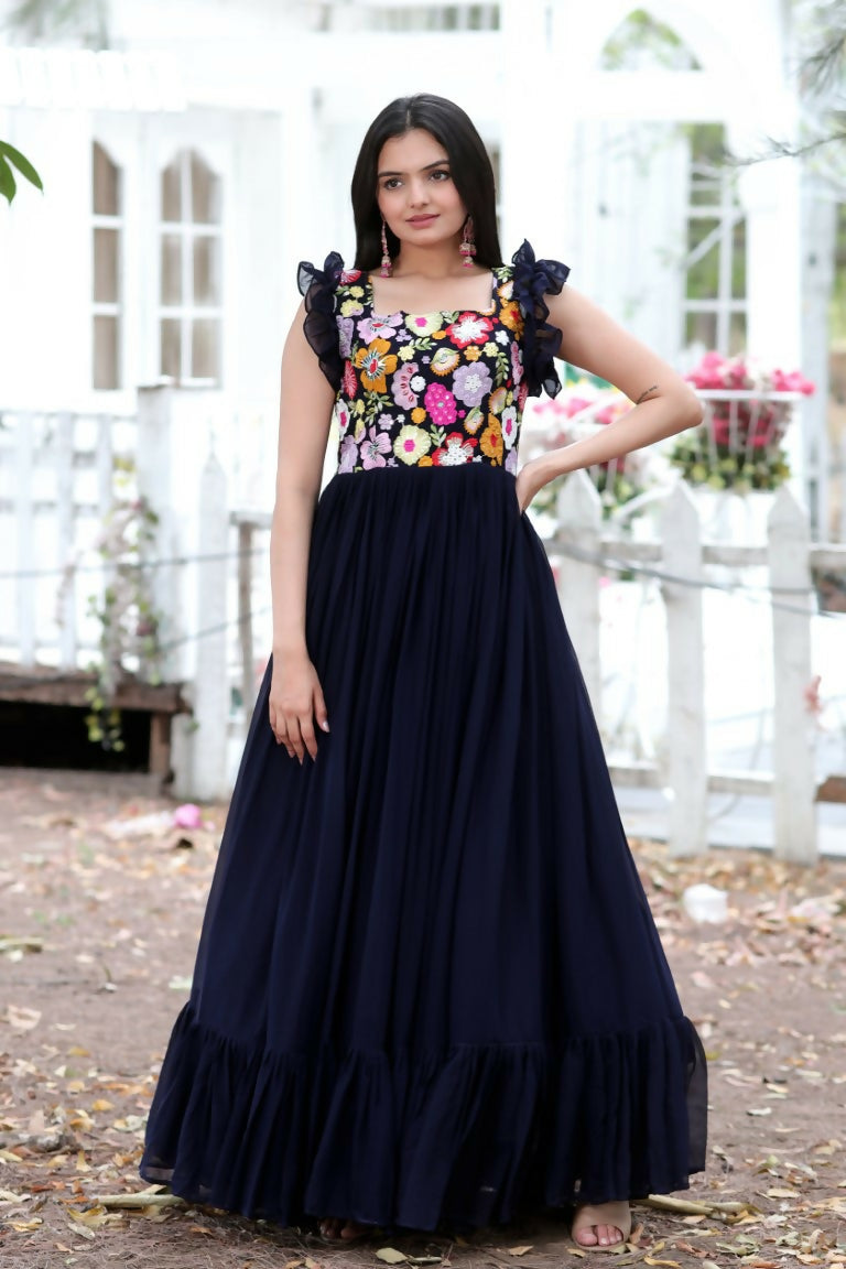 Navy blue floral Anarkali dress featuring sequins and thread embroidery in Faux Blooming fabric