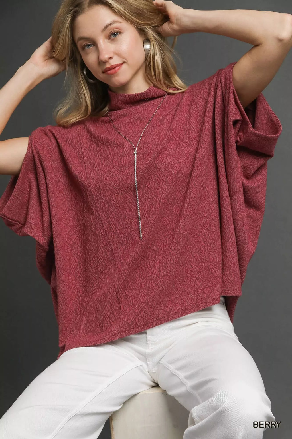 Textured Mock Neck Relaxed Top in Berry