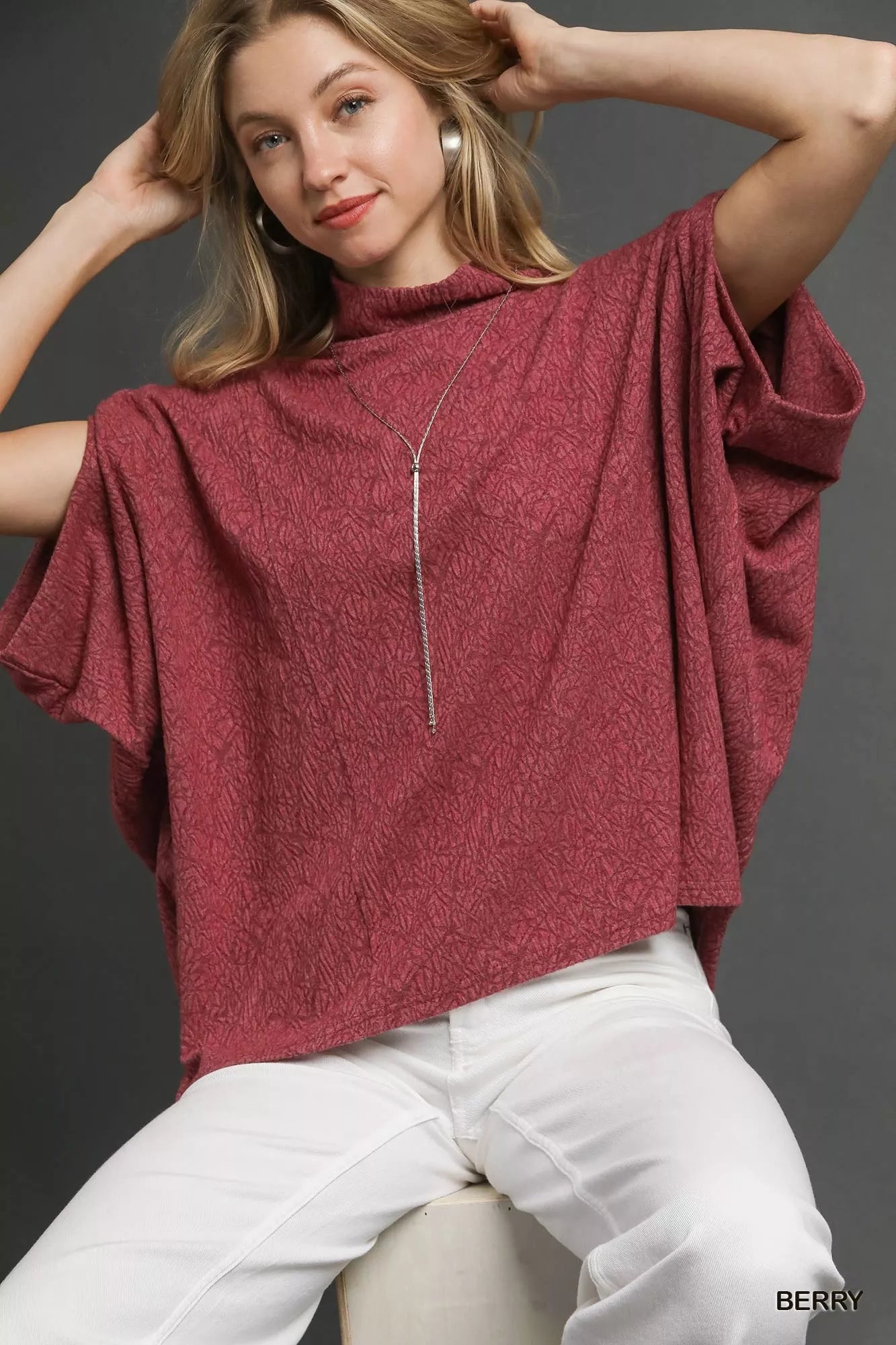 Textured Mock Neck Relaxed Top in Berry